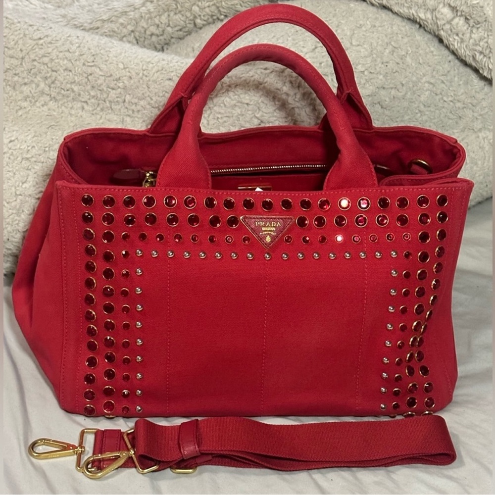 100% Auth. Prada Canapa Red Studded Bijoux Bag